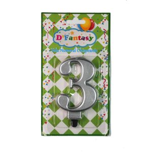 VELA NUMERAL METALICA CHISPEANTE PLATA # 3